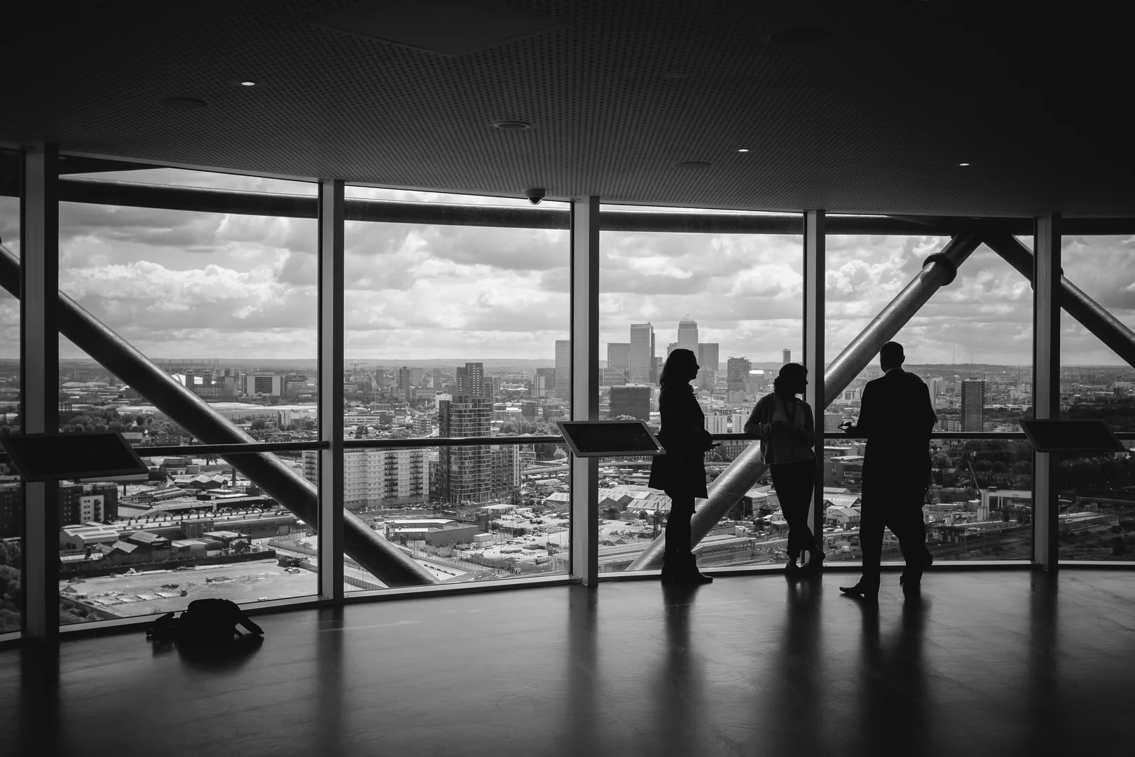 Professional business consultants overlooking a city skyline